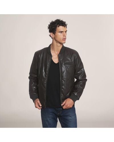Members Only Faux Leather Oval Quilted Bomber Jacket - Black