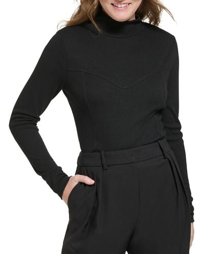 Calvin Klein Ribbed Knit Corset Seamed Mock Turtleneck Sweater - Black