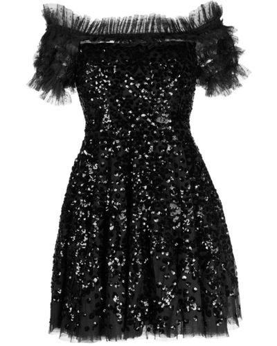 Needle & Thread Sequin Wreath Off- Shoulder Micro Mini Dress Graphite - Black