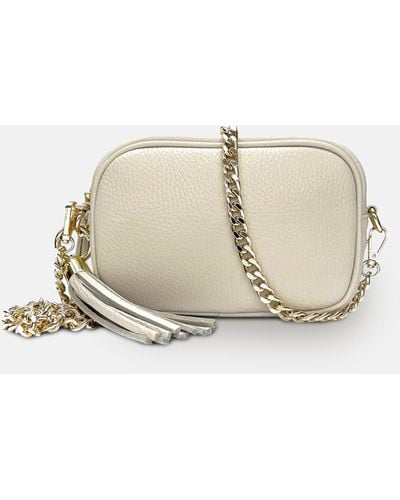 Apatchy London The Mini Tassel Stone Leather Phone Bag With Gold Chain Crossbody Strap - Natural