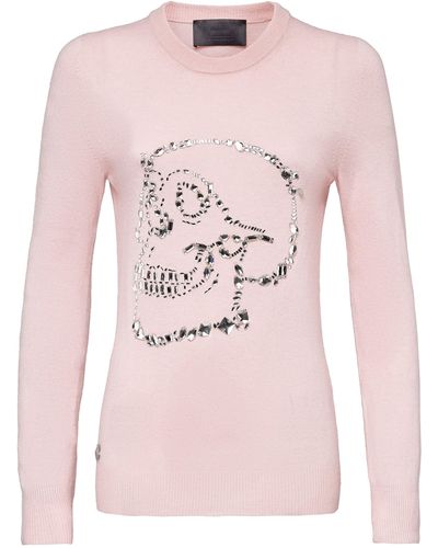 Philipp Plein Pullover Round Neck Ls Look At Me Skull Crystal - Pink
