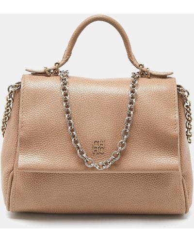 CH by Carolina Herrera Leather Minuetto Flap Top Handle Bag - Natural