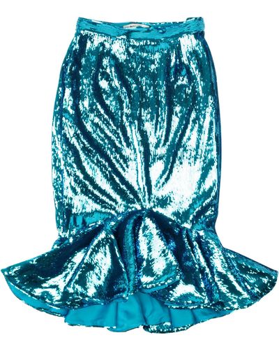 Rodarte Teal Sequin Fitted Ruffle Detail Skirt - Blue