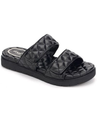 Kenneth Cole Reeves Quilted 2 Band Velcro Slip On Slide Sandals - Black