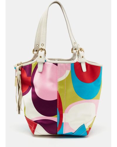 COACH Color Printed Satin And Leather Hobo - Red