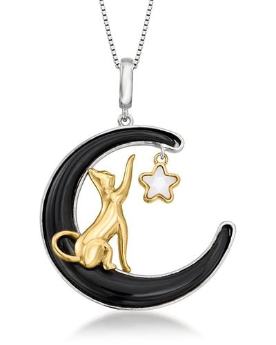 Ross-Simons Onyx And Mother-of-pearl Celestial Cat Pendant Necklace - Black
