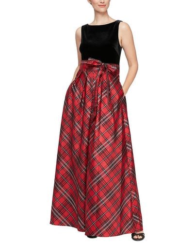 SLNY Velvet Plaid Maxi Dress - Red