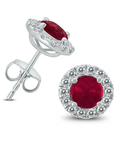Monary Genuine 1 3/4 Carat Tw Ruby And Diamond Halo Earrings - Red