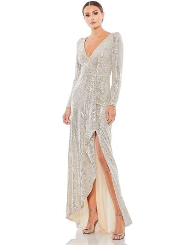 Ieena for Mac Duggal Sequined Faux Wrap Long Sleeve Gown - White