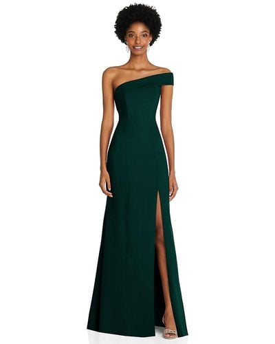 After Six Asymmetrical Off-the-shoulder Cuff Trumpet Gown With Front Slit - Green