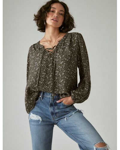 Lucky Brand Long Sleeve Printed Lace Up Blouse - Black