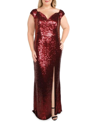 B Darlin Plus Sequined Off-the-shoulder Evening Dress - Red