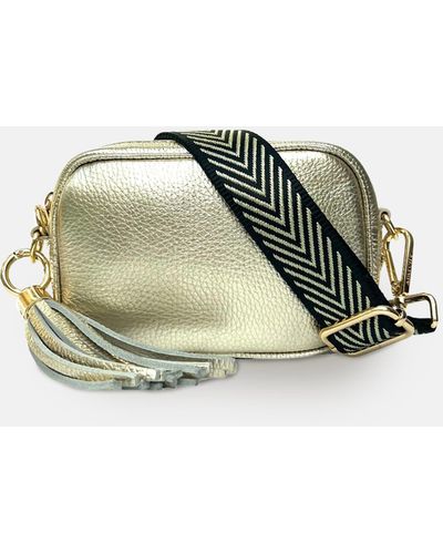 Apatchy London The Mini Tassel Gold Leather Phone Bag With Black & Gold Chevron Strap - Green