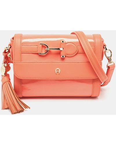 Aigner Peach Patent And Leather Clasp Flap Shoulder Bag - Pink