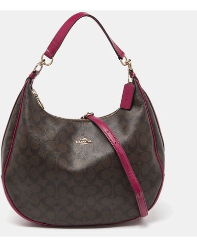 COACH /brown Signature Coated Canvas And Leather Harley Hobo