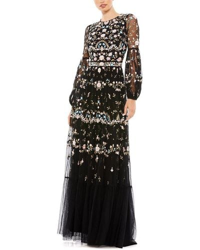 Mac Duggal Embroidered High Neck Illusion Sleeve Tiered Gown - Black
