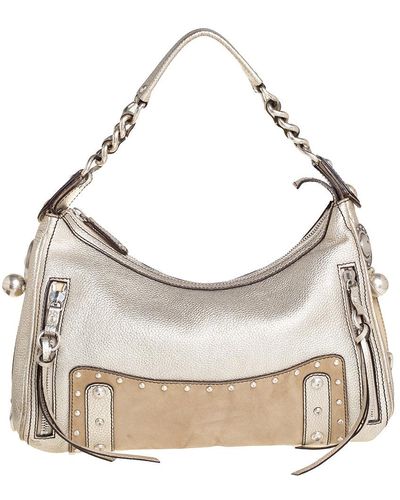 Versace /beige Leather And Suede Studded Hobo - Gray