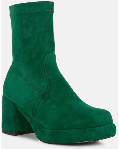 Rag & Co Two-cubes Dark Suede Platform Ankle Boots - Green