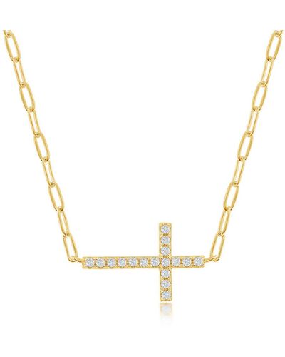 Simona Sterling Silver Cz Sideways Cross Paperclip Necklace - Plated - Metallic