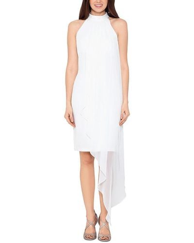 Betsy & Adam Chiffon Overlay Asymmetric Halter Dress - White