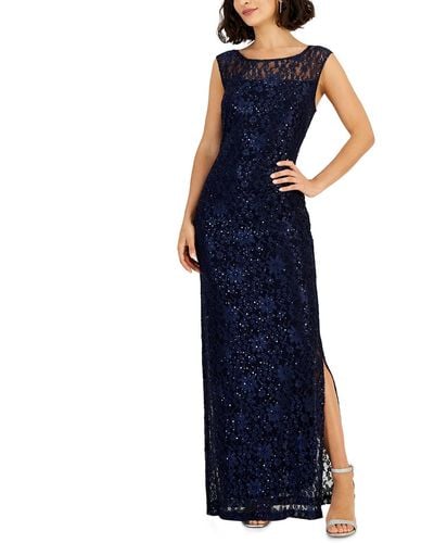 Connected Apparel Lace Sequined Evening Dress - Blue