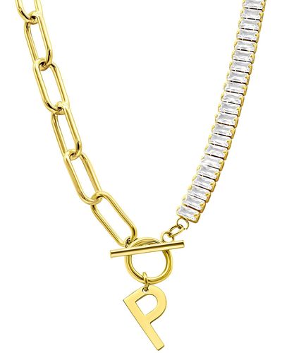 Adornia 14k Gold Plated Half Crystal And Half Paperclip Initial toggle Necklace - Metallic