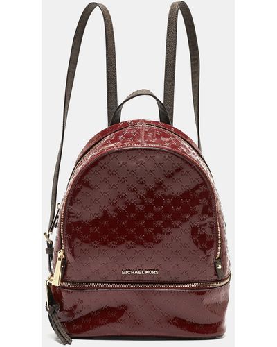 Michael Kors Signature Embossed Patent Leather And Coated Canvas Rhea Backpack - Red