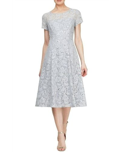 SLNY Cap Sleeve Tea Length Sequin Lace Dress - Gray