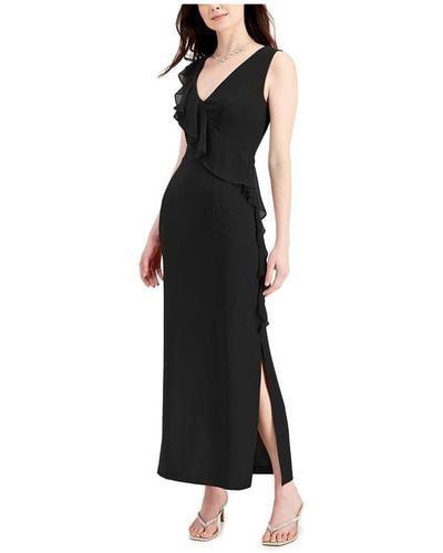Connected Apparel Cascade Ruffle V Neck Evening Dress - Black