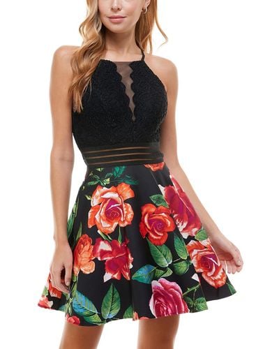 City Studios Juniors Lace Floral Fit & Flare Dress - Black