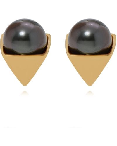 Assael 18k Yellow Gold Tahitian Natural Color Cultured Pearl Stud Earrings Eg-pyth-2.a - Brown