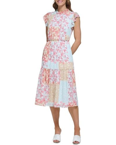 DKNY Floral Print Polyester Fit & Flare Dress - White