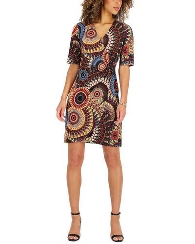 Connected Apparel Petites Jersey Printed Shift Dress - Red