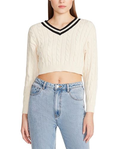 Steve Madden Amika Cable Knit Ribbed Trim V-neck Sweater - Blue