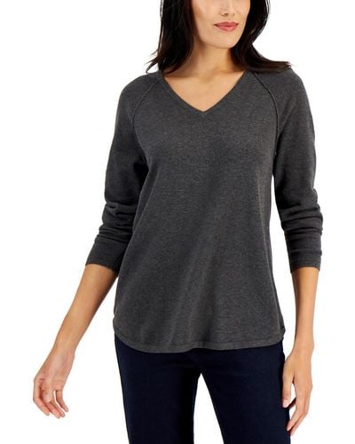 Karen Scott Cotton V-neck Pullover Sweater - Black