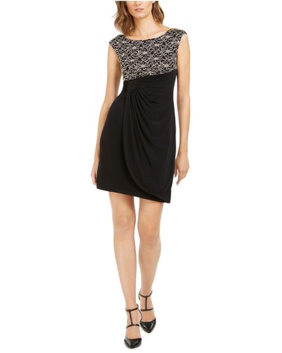 Connected Apparel Petites Lace Trim Glitter Cocktail And Party Dress - Black