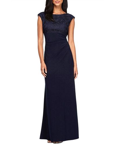 Alex Evenings Long Empire Waist Lace And Jersey Gown - Blue