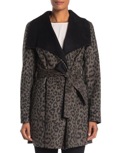 Tahari Ella Leopard Double Faced Wool Wrap Belted Coat - Black