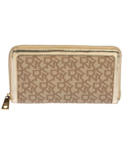 DKNY Beige Signature Coated Canvas And Leather Zip Around Wallet - Natural