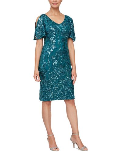 Alex Evenings Sequined Split-sleeve Party Dress - Blue