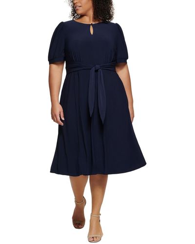 Jessica Howard Plus Knit Puff Sleeves Fit & Flare Dress - Blue