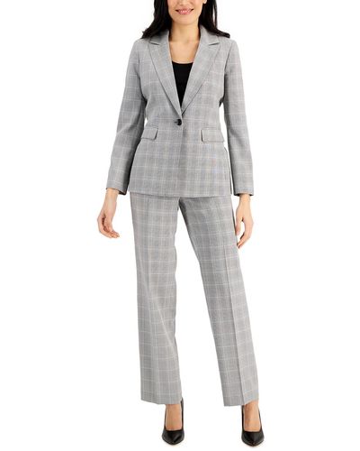 $240 Le Suit Women's Gray Black 2-Piece Long Plaid Jacket Pantsuit Size 16  