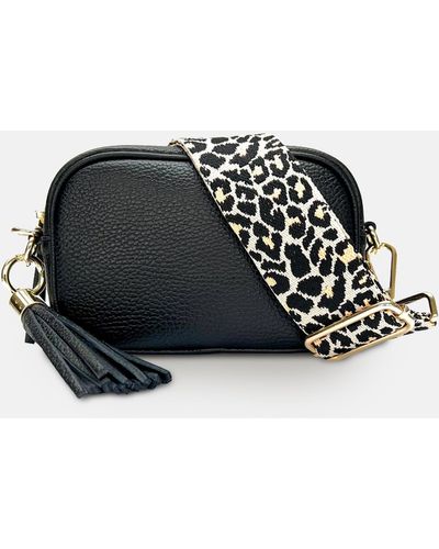Apatchy London The Mini Tassel Leather Phone Bag With Apricot Cheetah Strap - Black