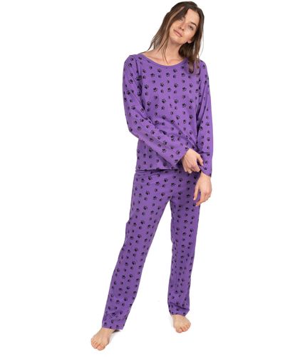 Leveret Two Piece Cotton Loose Fit Pajamas Dog Paw - Purple