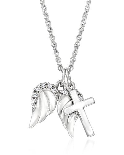 Ross-Simons 14kt White Gold Cross And Angel Wings Pendant Necklace - Multicolor
