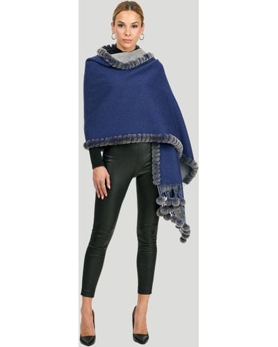 Gorski Double Face Cashmere And Wool Stole With Rex Rabbit Trim - Blue