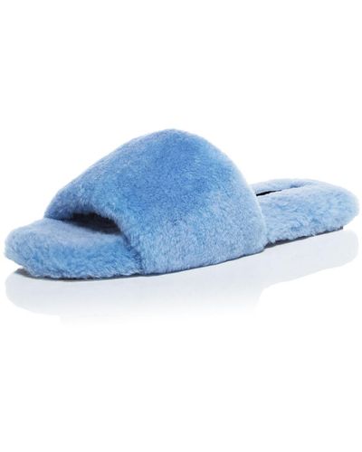 Aqua Snowy Shearling Slip On Slide Sandals - Blue