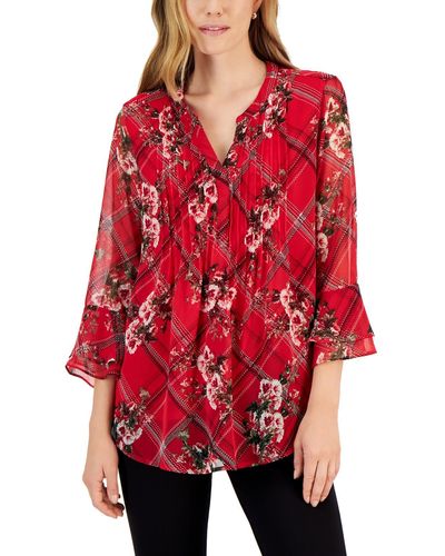 Charter Club Floral Print Ruffle Sleeve Blouse - Red