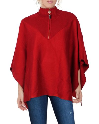 Anne Klein Ribbed Trim Flowy Knit Poncho Sweater - Red