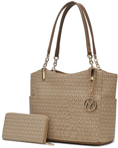 MKF Collection by Mia K Savannah M Logo Printed Vegan Leather Tote And Wristlet Wallet - 2 Pieces - Natural